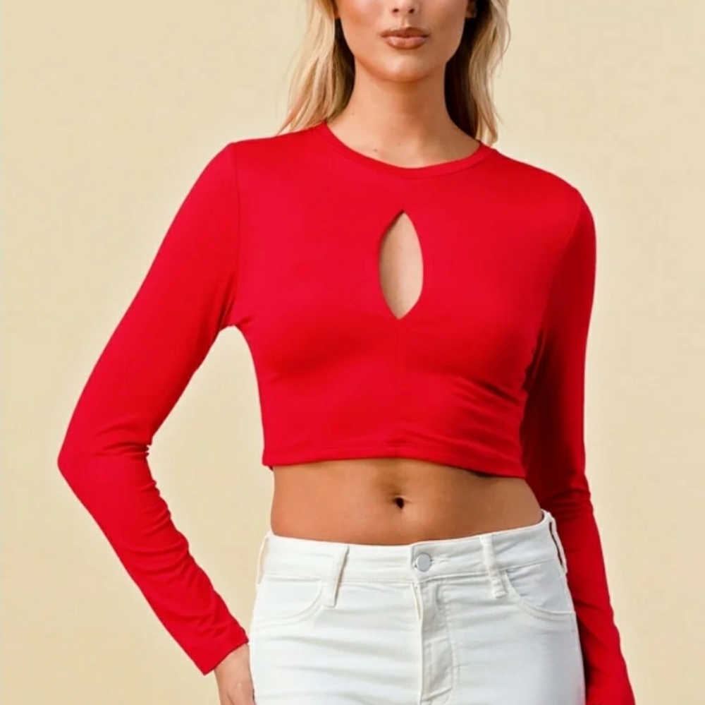 #10130-2 Women’s Cutout Keyhole Long Sleeve Crop Top,Various Size